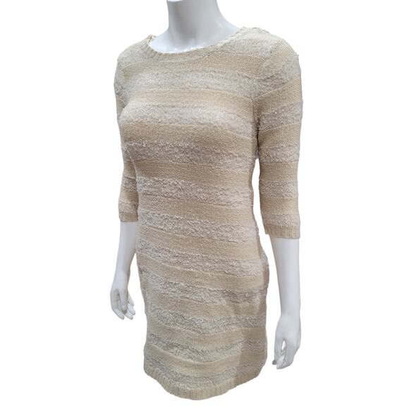T/O Sweaters Knit Sweater Dress Women Sz M Neutral Taupe Beige 3/4 Sleeve Fuzzy - Picture 8 of 10